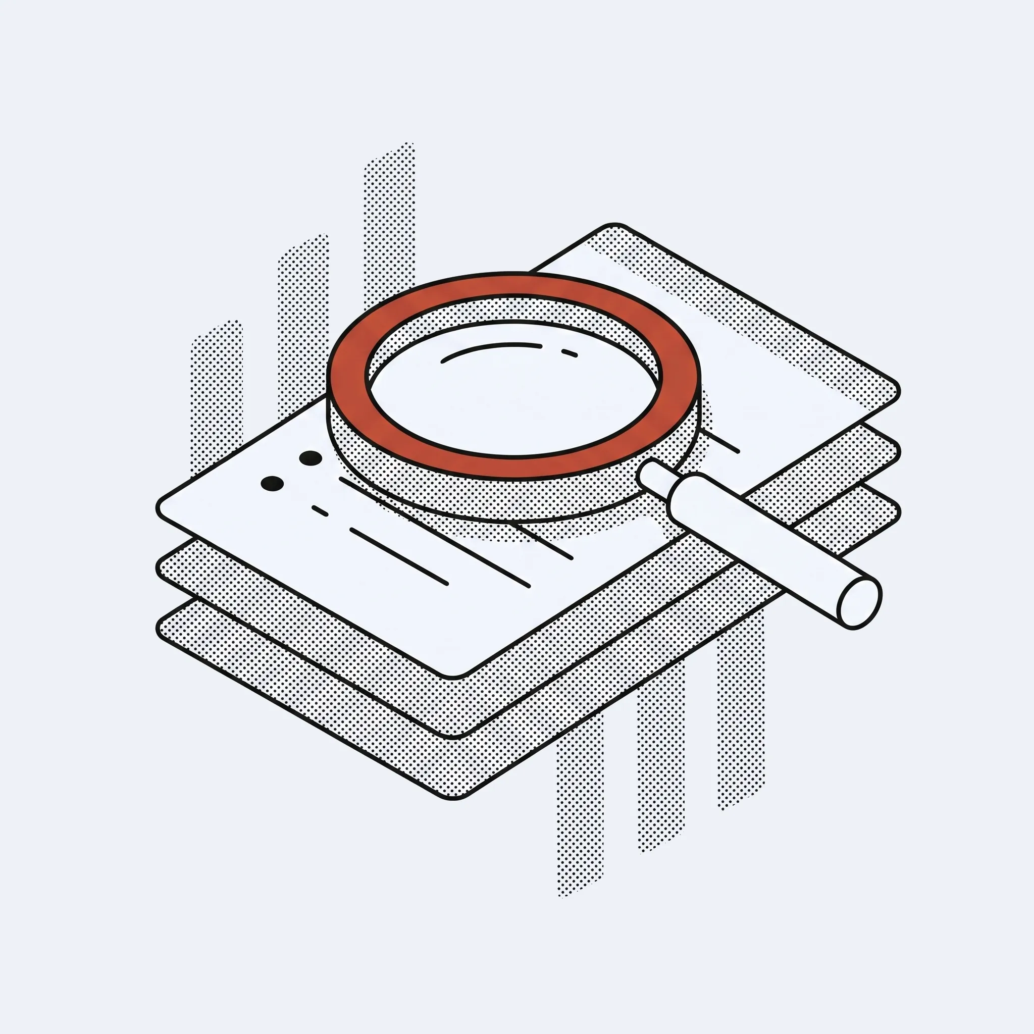 OpenSearch: a magnifier with an orange lens over layered documents.