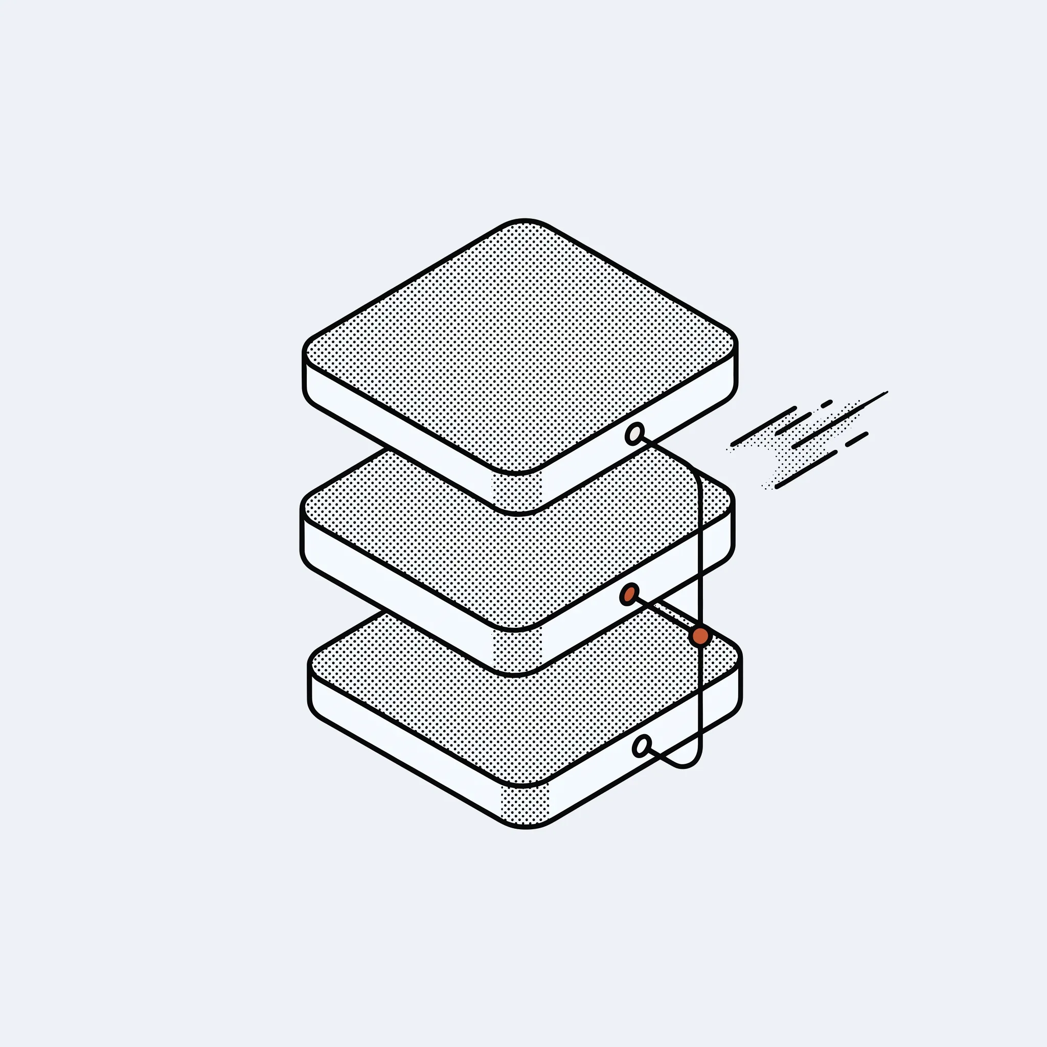 Valkey: stacked in-memory data layers feeding a single primary node.