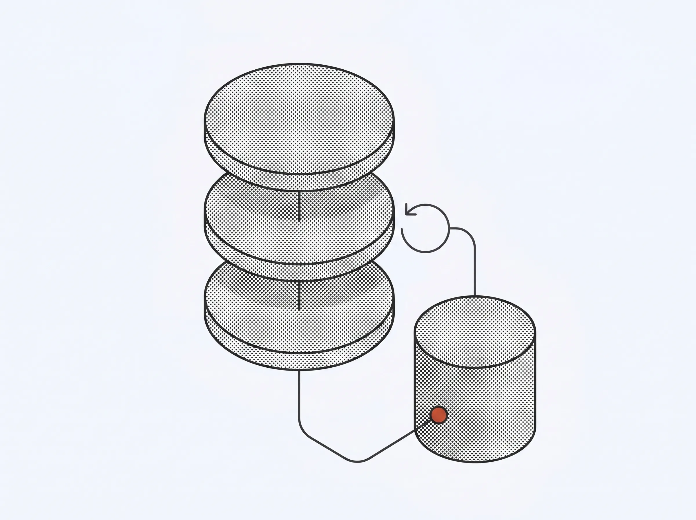 Stacked storage discs streaming down to a single drum marked with an orange point.