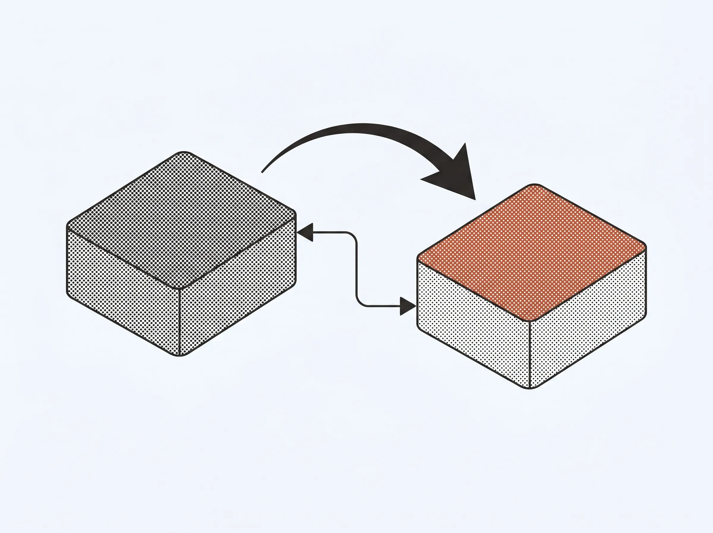 Two isometric blocks: the primary hands off to a standby that inks up to burnt orange.