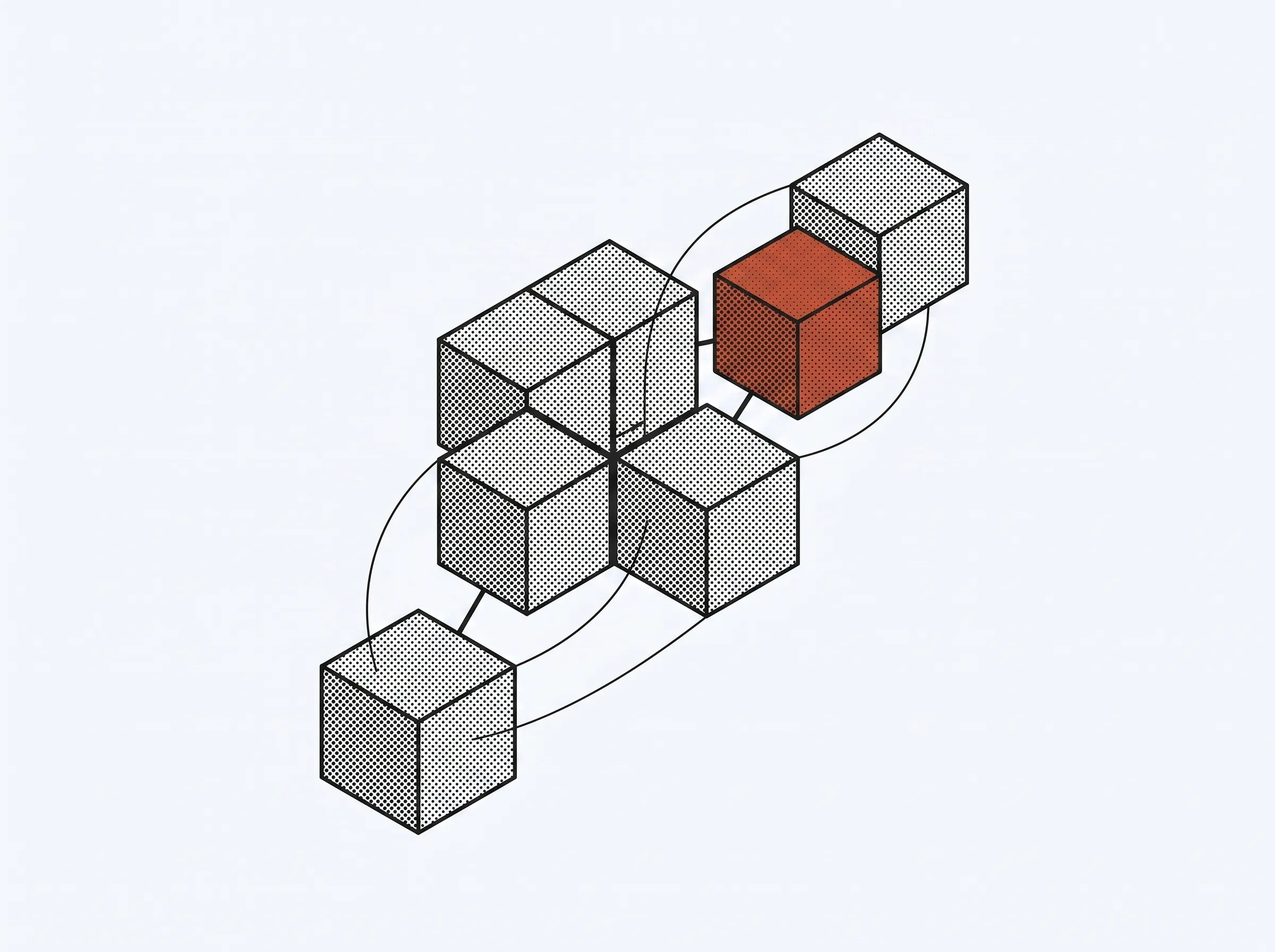 A cluster of isometric cubes extended by one burnt-orange cube.